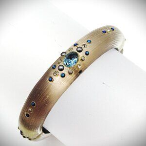 ALEXIS BITTAR EUC Brown Lucite & Blue Color Crystals Hinged Bangle Bracelet
